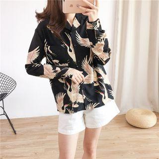 Loose-fit Crane-print Chiffon Shirt