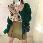 Plain Loose-fit Cardigan / Leopard Print Knit Vest / High-waist Skirt