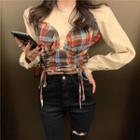 Mock Two-piece Plaid Panel Drawstring Blouse