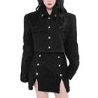Set: Fleece Button-up Cropped Jacket + Slit Mini A-line Skirt