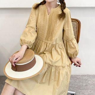 Long-sleeve V-neck Plain Ruffle Trim Dress