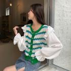 Puff-sleeve Printed Panel Knit Top Green - One Size