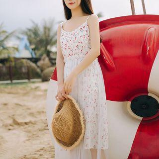 Spaghetti Strap Floral Mesh Overlay A-line Midi Dress