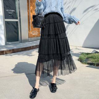Pleated Mesh Midi Tiered Skirt