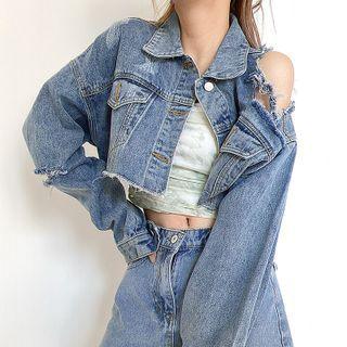 Asymmetric Shoulder Ripped Denim Jacket