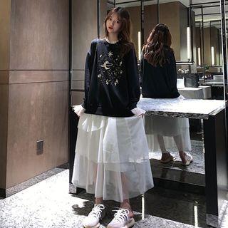 Loose-fit Mesh-panel Printed Pullover / A-line Skirt