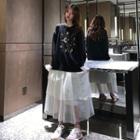 Loose-fit Mesh-panel Printed Pullover / A-line Skirt
