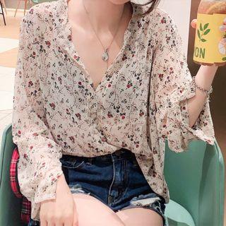 Long-sleeve Floral Print V-neck Chiffon Blouse