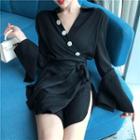 Long-sleeve Tie-waist Mini Collared Dress Black - One Size