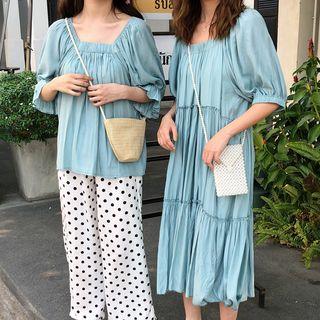 Bell-sleeve Crinkled Top / Short-sleeve Midi Crinkled Dress