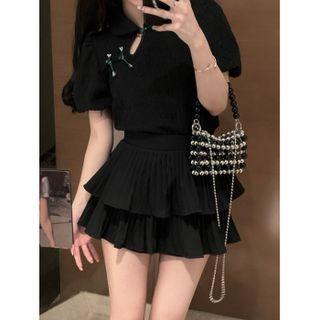 Puff-sleeve Frog Buttoned Blouse / A-line Layered Skirt