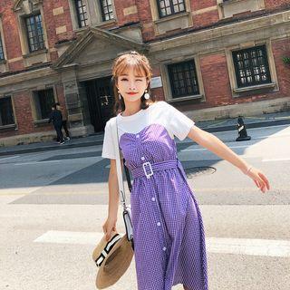 Mock Two-piece Short-sleeve Plaid Panel Dress