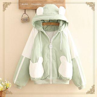 Bear Ear-accent Hood Color-block Jacket