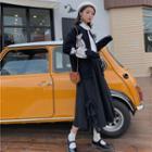 Bear Print Cardigan / Midi A-line Skirt