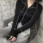Long-sleeve Two-tone Slim-fit Top Black - One Size