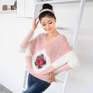 Crochet Rose Boucl  Sweater Pink - One Size
