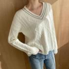 V-neck Piped Cable-knit Top Ivory - One Size