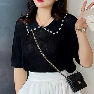 Short-sleeve Ribbed Floral Embroidered Knit Top