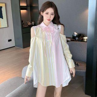 Long-sleeve Cold Shoulder Tie-neck Shirt Yellow & Pink - One Size