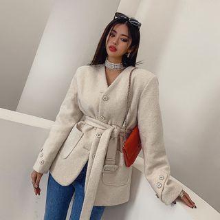 Collarless Wool Blend Jacket With Belt