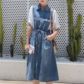 Batwing Short Sleeve Panel Denim Shirtdress