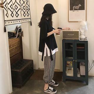 Mock Two-pieces Slit-side T-shirt / Plaid Harem Pants