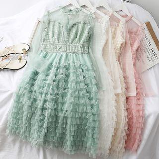 Layered Ruffled-trim Mesh A-line Dress