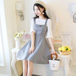 Set: Crew-neck Elbow-sleeve Knit Top + Plaid A-line Suspender Dress