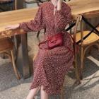 Long-sleeve Floral Print Midi A-line Dress / Knit Vest / Blazer / Set
