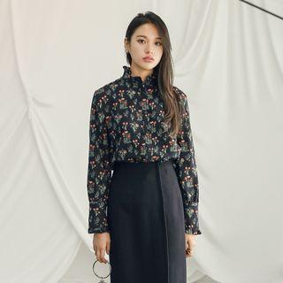 Frilled-detail Floral Print Blouse Navy Blue - One Size
