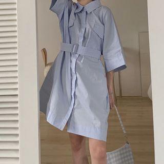 Belted Short-sleeve Shirtdress With Belt - Blue - One Size