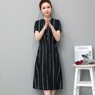 Stand Collar Printed Midi Dress