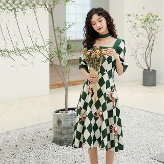 Elbow-sleeve Midi Plaid A-line Dress