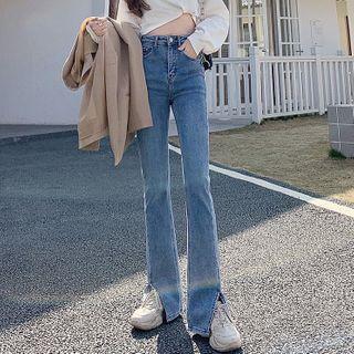 High-waist Plain Slit-hem Boot-cut Jeans