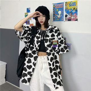 Elbow-sleeve Heart Print Shirt Heart Print - Black - One Size