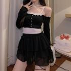 Long-sleeve Paneled T-shirt / Mini A-line Tiered Skirt