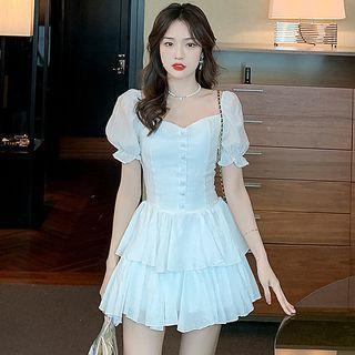 Puff-sleeve Square-neck Plain Layered Dress