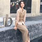 Set: Plain Shirt + Knit Cami Top + Split Hem Midi Pencil Knit Skirt
