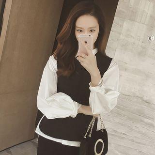 Set: Puff-sleeve Blouse + Vest