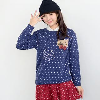 Cat Appliqu  Polka Dot Long-sleeve Top