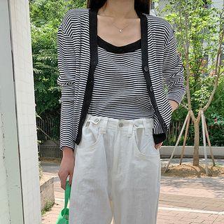 Contrast-trim Stripe Cardigan& Top Set