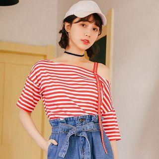 Stripe Off-shoulder Strap Short-sleeve T-shirt