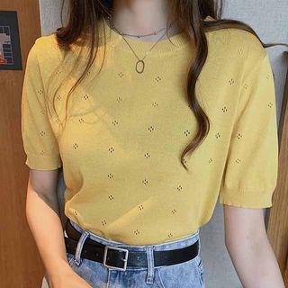 Short-sleeve Pointelle Knit Top Yellow - One Size