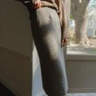 Band-waist Tweed Midi Pencil Skirt