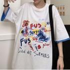 Mock Two Piece Elbow-sleeve Print T-shirt
