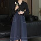 Set: Long-sleeve Layered Collar Blouse + Midi A-line Skirt