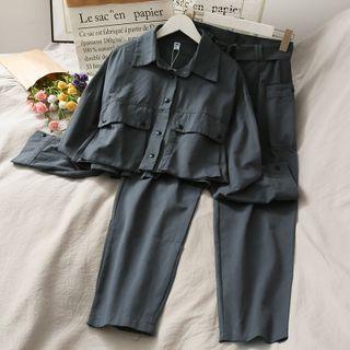 Set: Workwear Crop Shirt + Straight-cut Pants With Belt