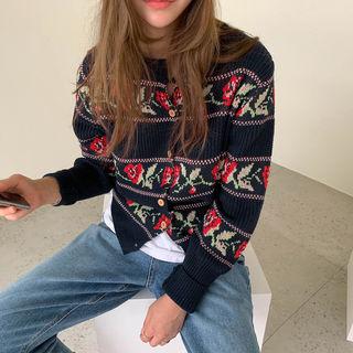 Retro Pattern Knit Cardigan Navy Blue - One Size