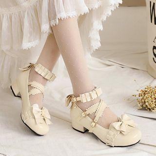 Block Heel Bow Frill Trim Mary Jane Pumps