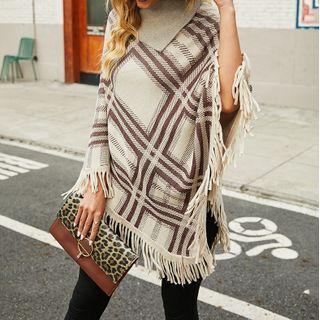 Plaid Mock Neck Knit Cape